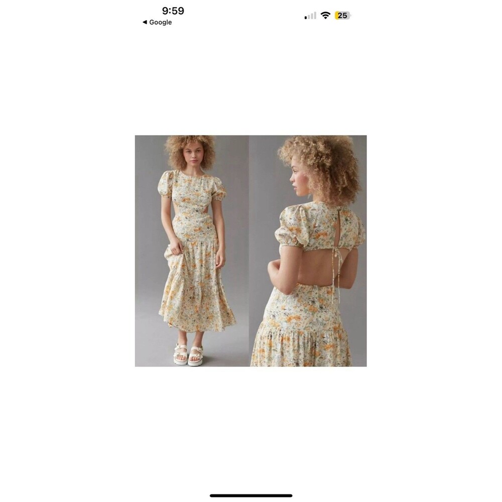 Kiss The Sky Tiered Maxi Dress Puff Sleeve Open Back Cutout Ditsy Floral Size M